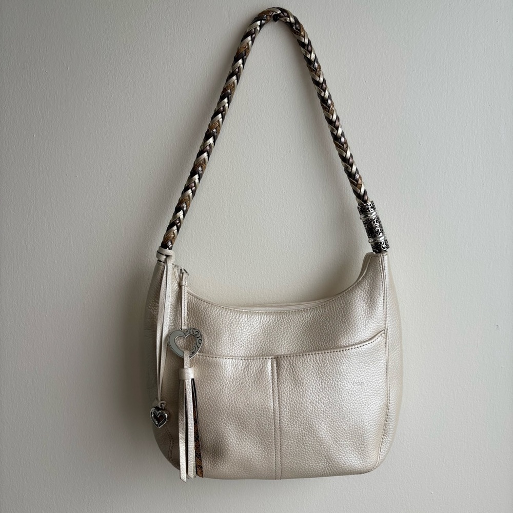 Brighton Pebbled Leather Shoulder Bag Beige Braided Strap Heart Charm Purse